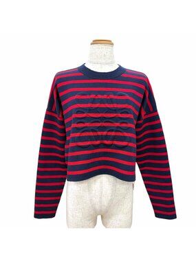 Loewe Wool 95% Anagram Embossed Border Cropped Knit Navy Red Sweater XS
